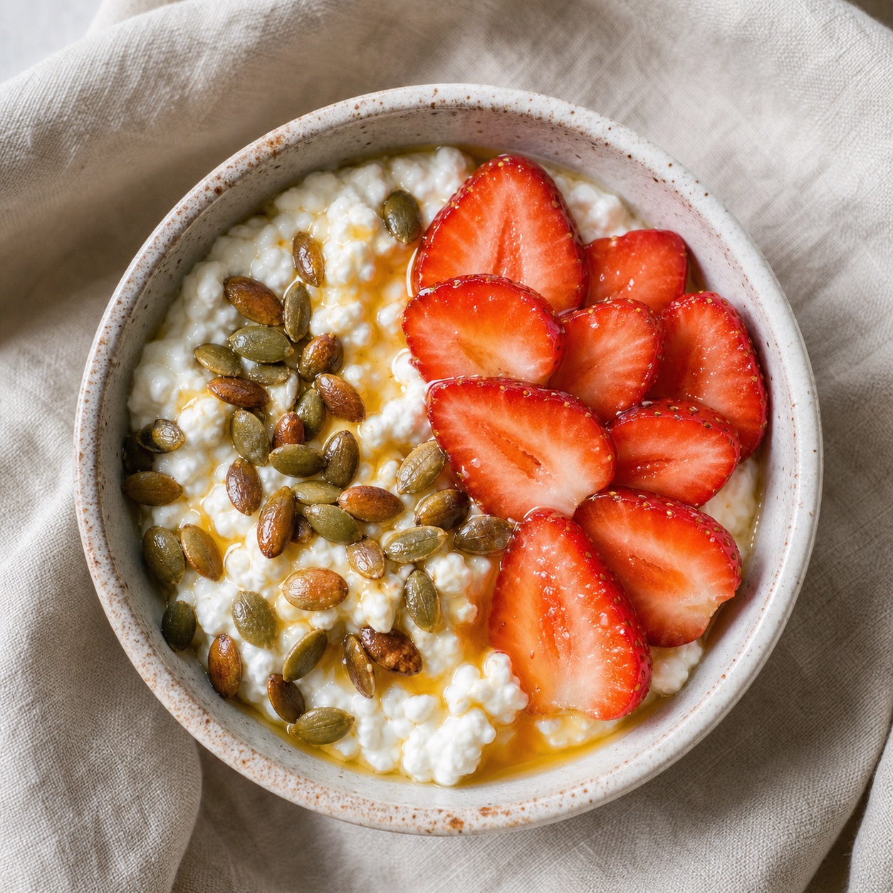 A small bowl of cottage cheese topped with toasted pepitas, sliced strawberries, and a drizzle of honey