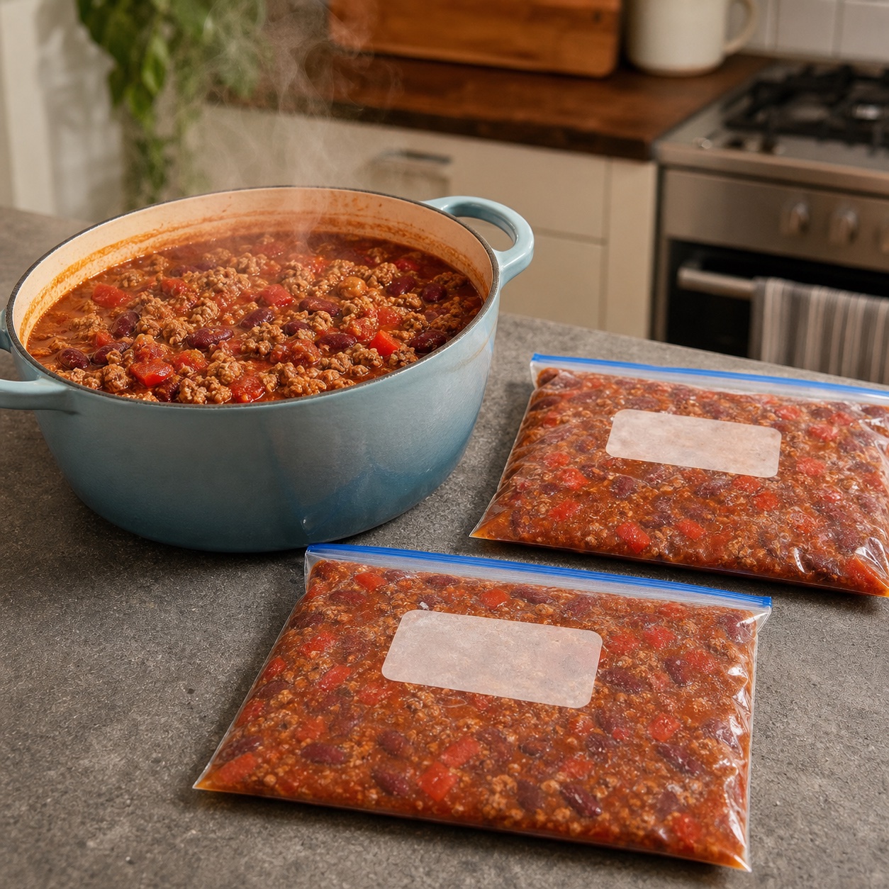 A pot of turkey chilli with kidney beans and capsicum, with two labelled freezer bags of the same chilli laid flat beside it