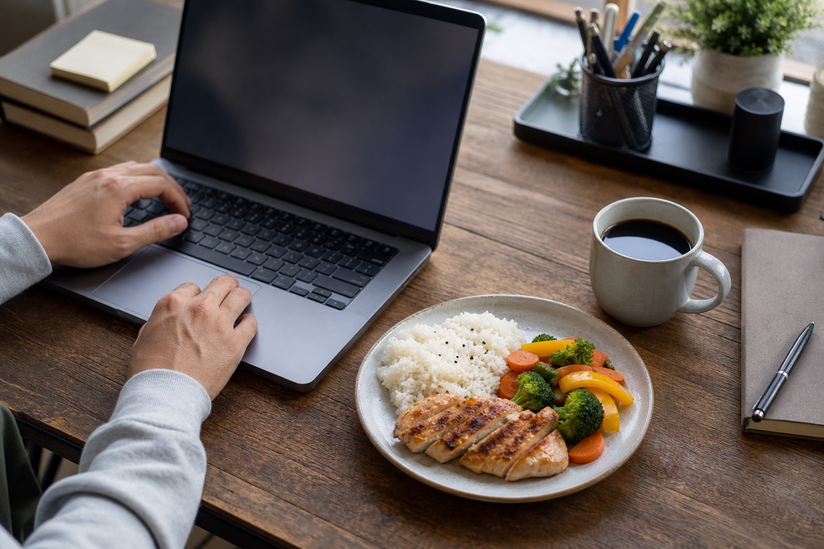 A desk setup with two monitors, a bottle of water, and a bowl of leftovers, evening light through a window
