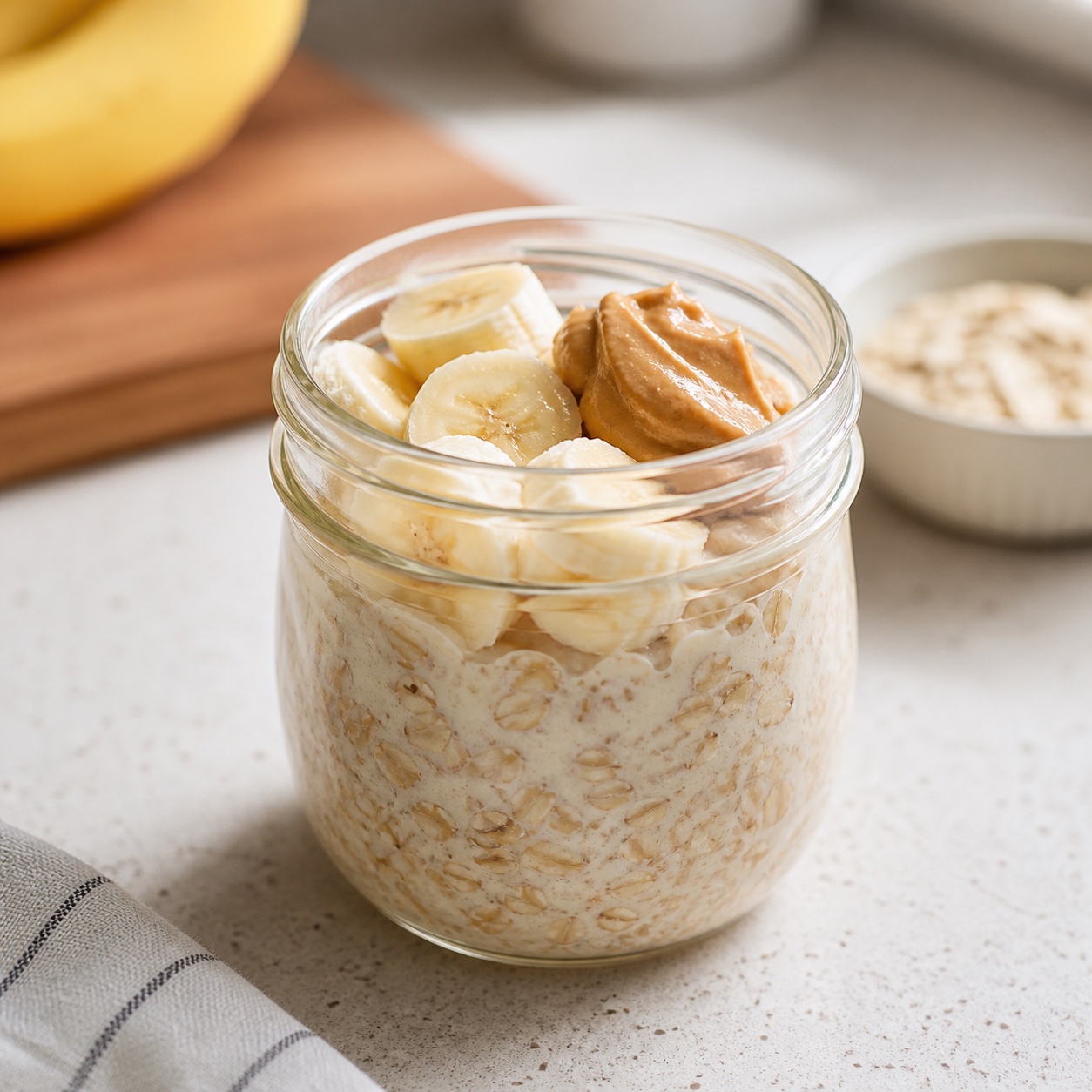 A jar of overnight oats topped with sliced banana and a spoonful of peanut butter