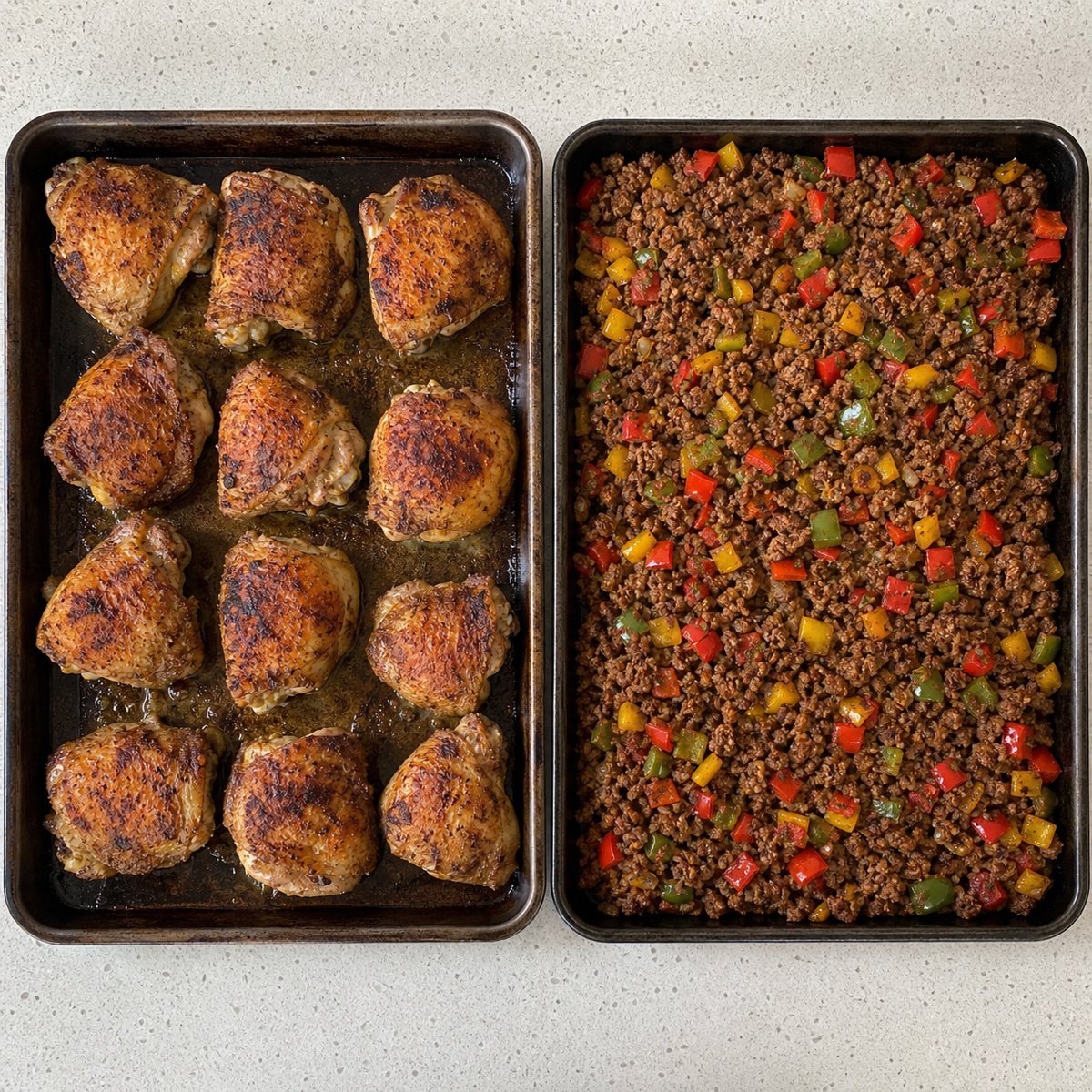 Two sheet pans side by side, one with roasted chicken thighs and one with browned spiced beef mince and capsicum