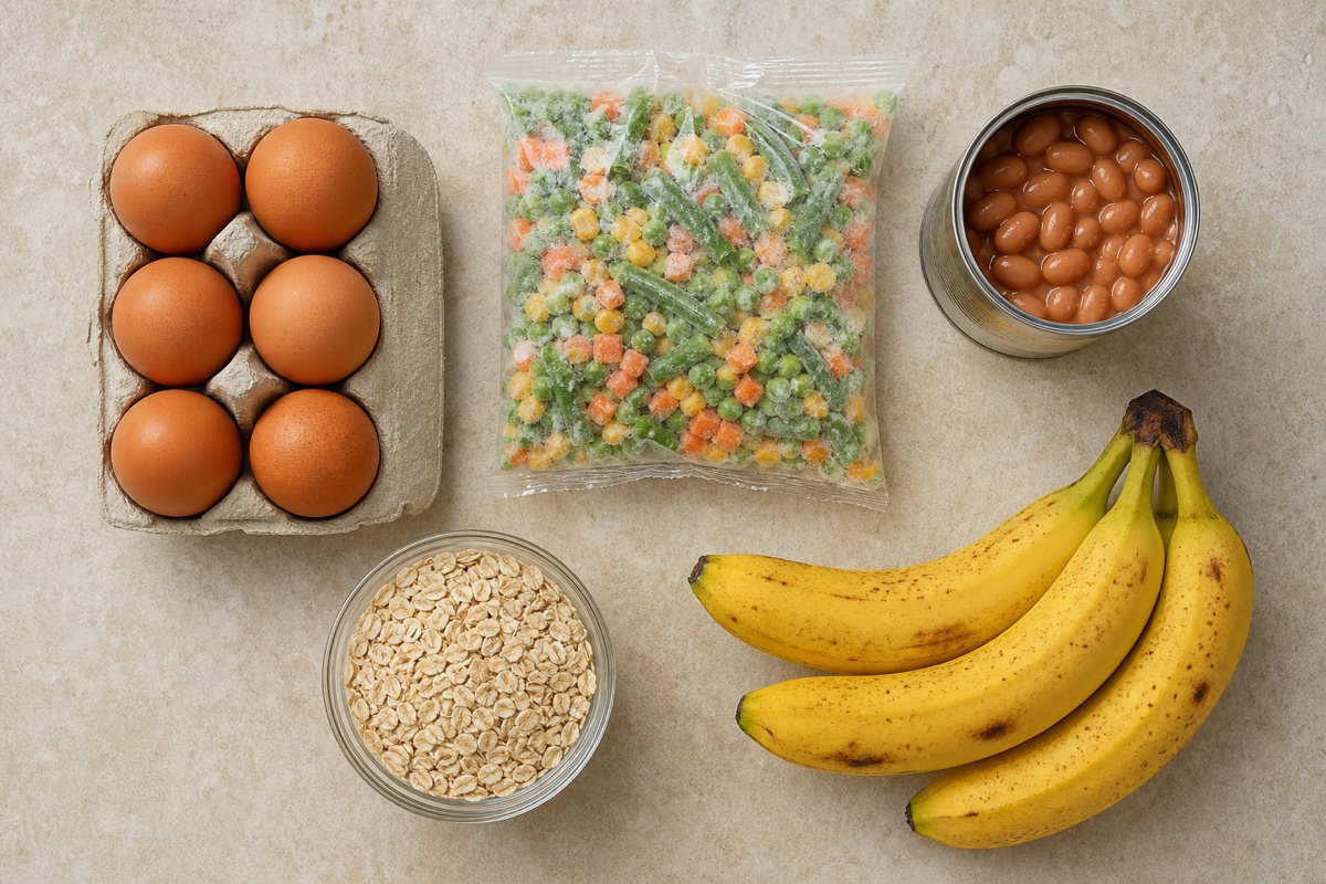 A kitchen bench laid out with tinned beans, tinned tuna, rice, eggs, and a bag of frozen vegetables