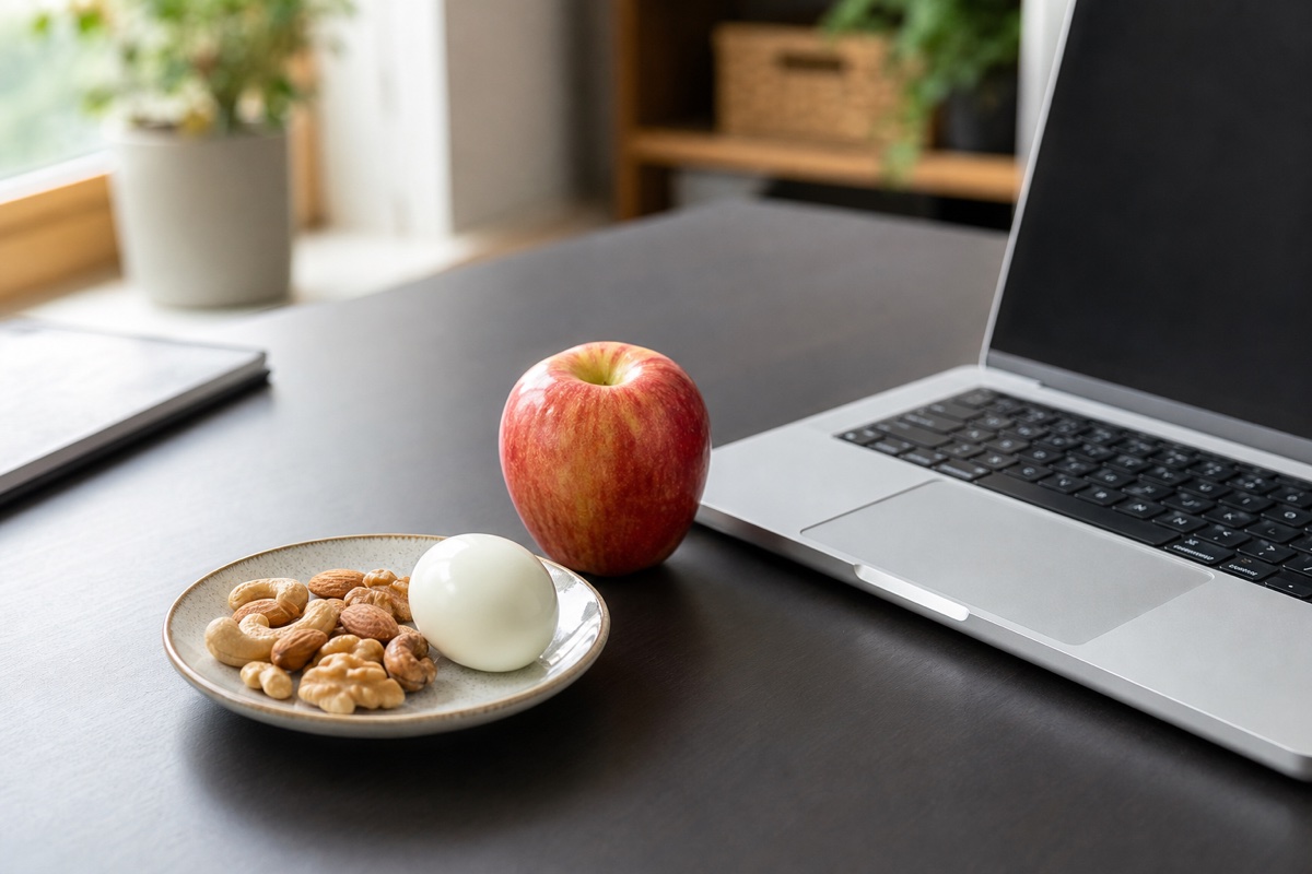 A laptop and notebook on a desk beside a bowl of eggs and greens, mid-morning light
